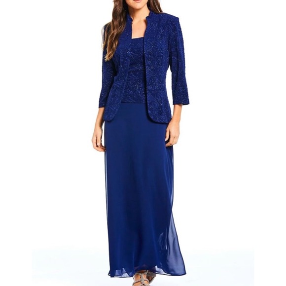 NWT Alex Evenings 10 Petite Blue Embellished Dress & Jacket Set Formal Occasion - Picture 1 of 12